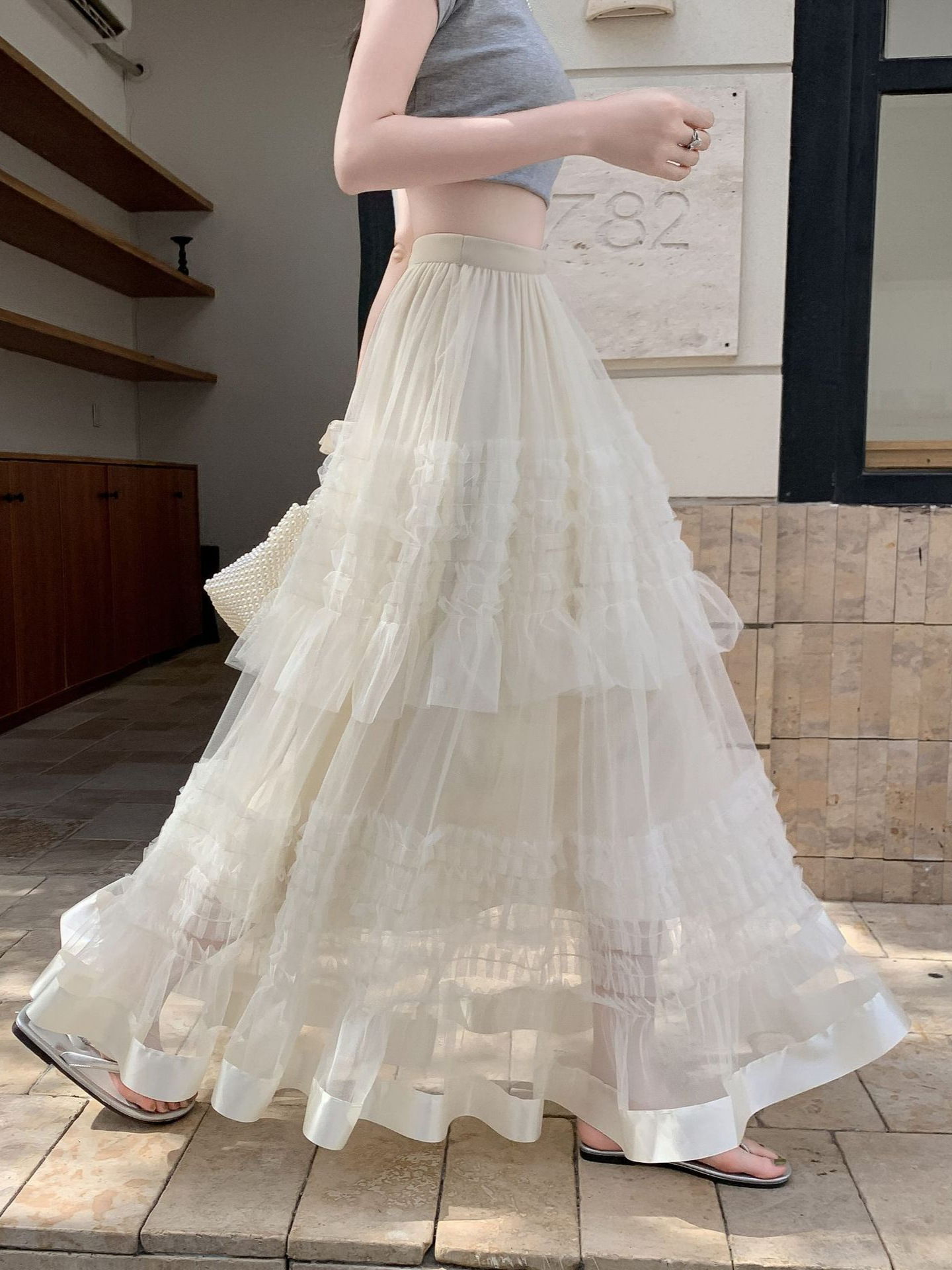 Korean Style Mesh Skirt Layers Cake Skirt Women's Spring and Summer 2025 New High Waist Hip Covering A- Line Long Skirt Yarn Skirt