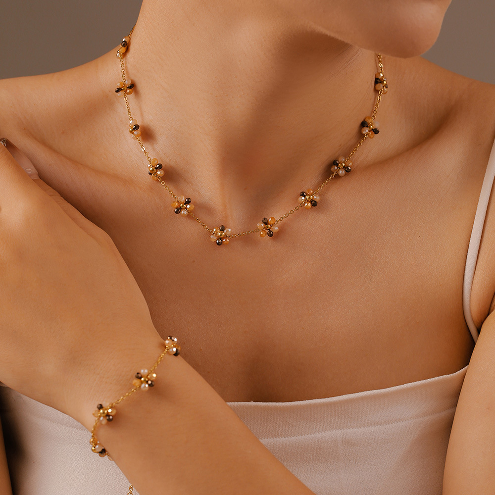 Bohemian handmade beaded cross-border necklace bracelet anklet girl floret glass beads titanium steel chain jewelry suit