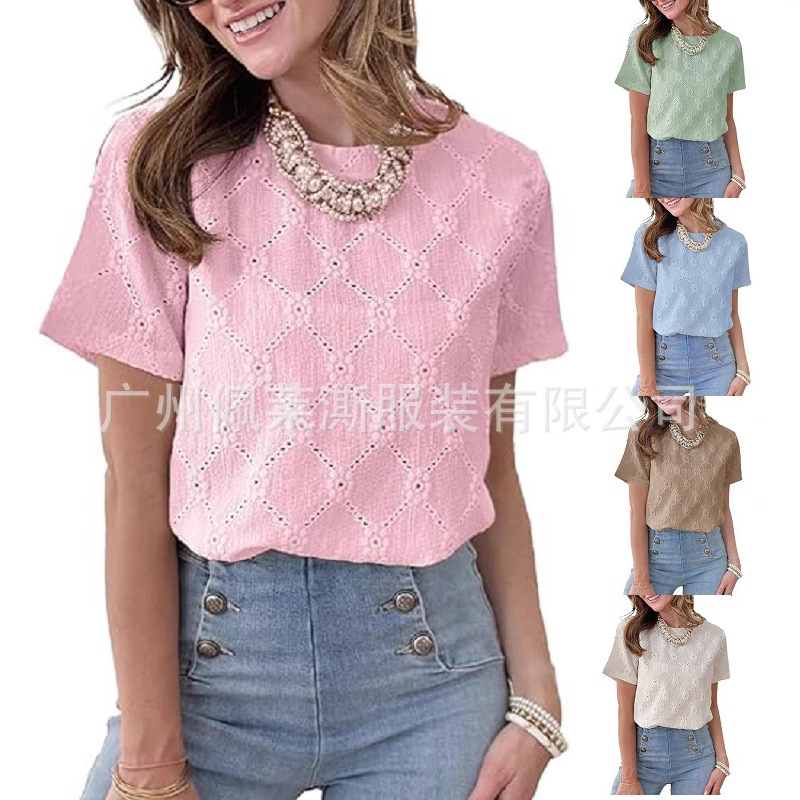 2025 summer Europe and America Amazon cross-border trade leisure eyelet embroidery hollow round neck short sleeve women's T-shirt top