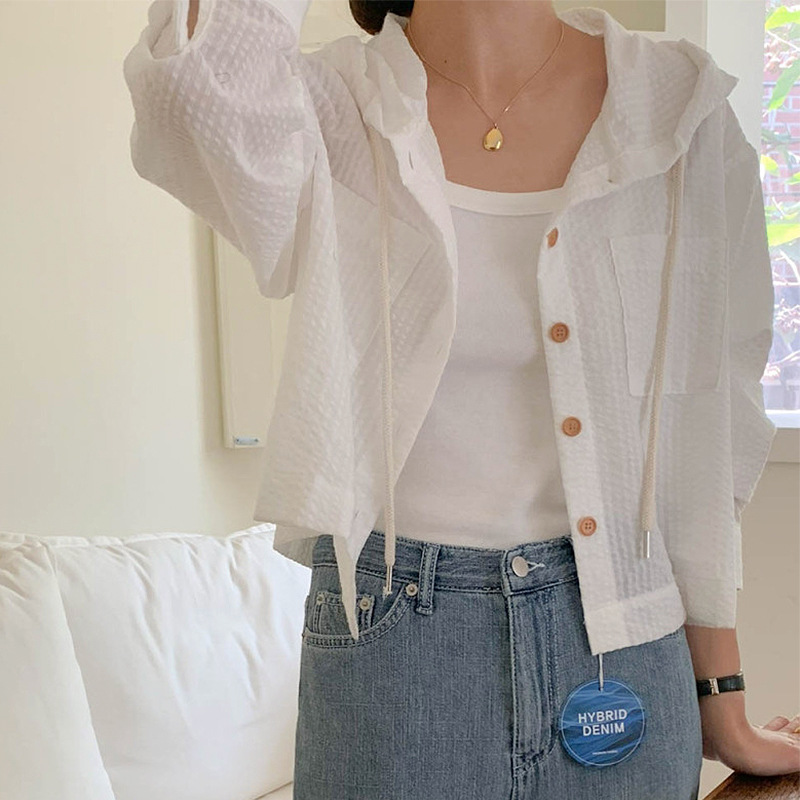 Picture of 2024 Summer Elegant All-match Single-breasted Striped Contrast Color Short Loose Long-sleeved Sunscreen Hooded Women's Shirt