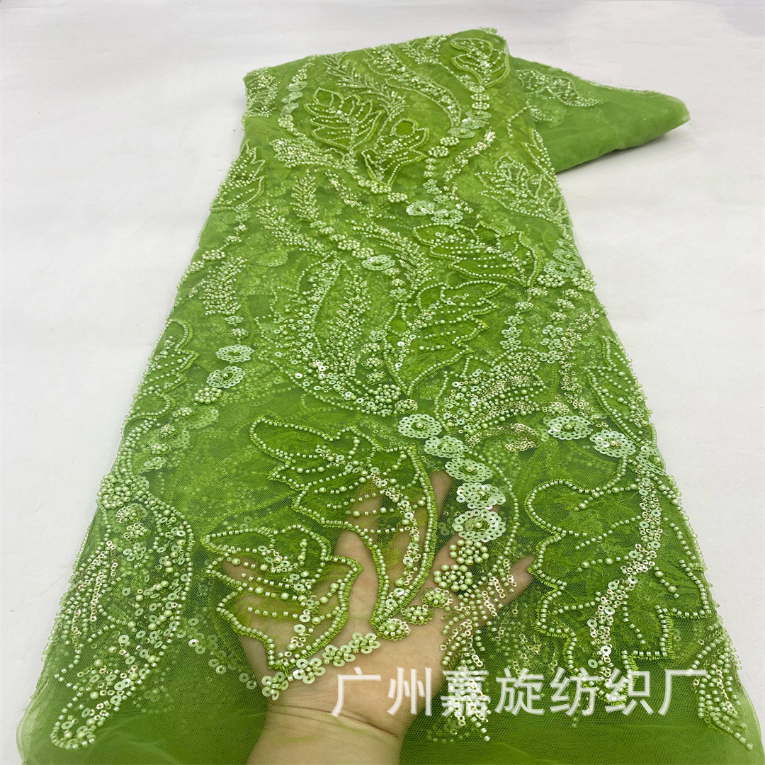 Green Aquatic Plant Floral Leaf Embroidery Lace Fabric Ancient Costume Hanfu Mori Style Sequin Bead Tube Embroidery Mesh Dress Embroidery Fabric