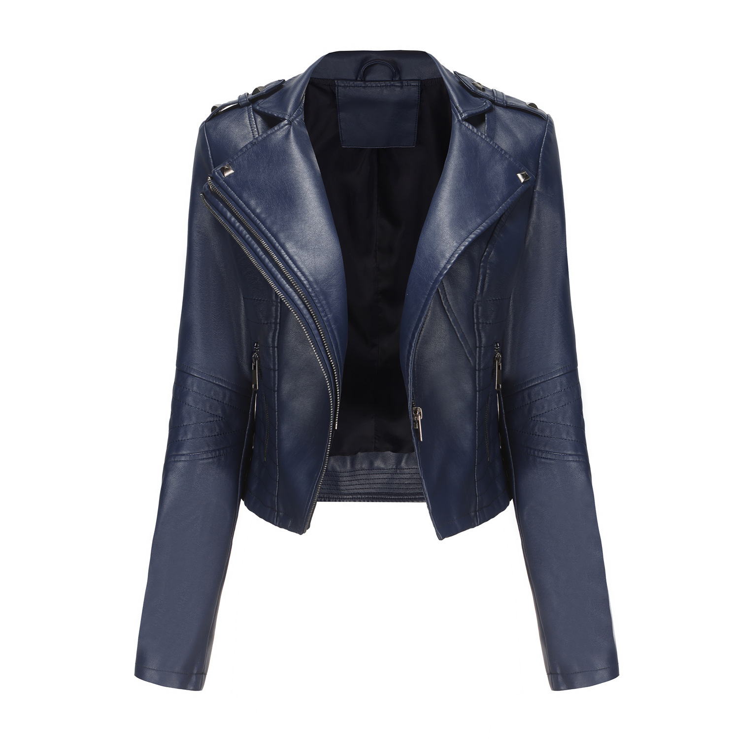 Picture of New Slim-Fitting Long-Sleeved Spring and Autumn Leather Jacket for Women with Rivets European and American Popular Short Small Coat Zipper Leather Jacket