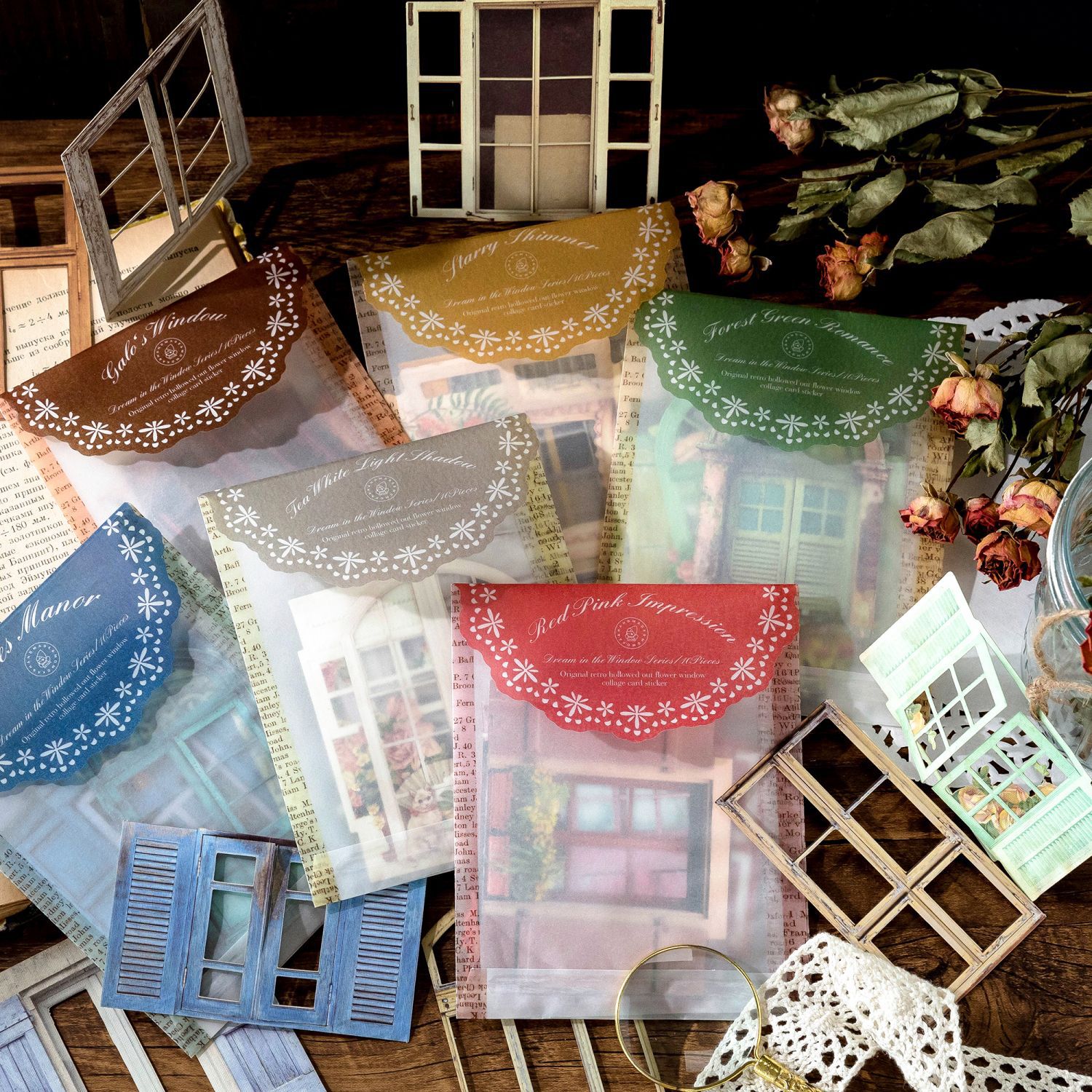 Picture of Momo Retro Cut Out Flower Window Mechanism Collage Card Stickers Dreamland in the Window Series Handbook Material Package 10 Sheets 6 Styles