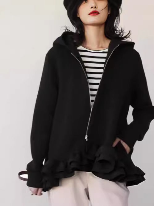 Picture of 2025 Japanese Style Autumn and Winter Lotus Leaf Hem Zipper Sweatshirt in Stock