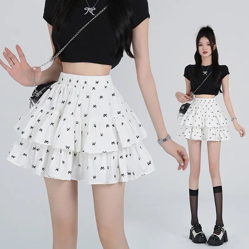 2024 New French Style Sweet Lace Cake Skirt Women's Bow Printed All-match High Waist Skirt