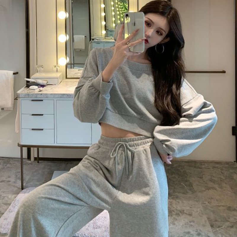 Foreign trade Autumn New drawstring sports suit women's long sleeve short top high waist pants casual two-piece women's fashion