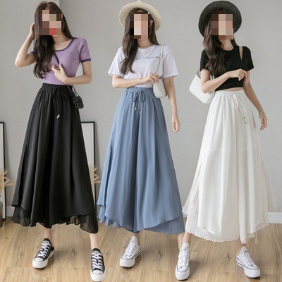 Summer Korean Elegant Work Clothing Black Pure Color K-style Fashion Chiffon Splicing Over-the-knee Long Skirt Retro Clothing