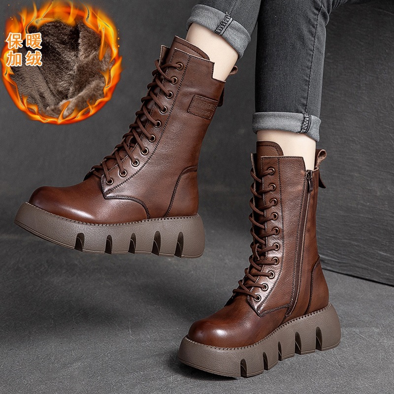 Shanghai Jiejie Winter New High-top Martin Cowhide Thick-soled Round-toe Platform Shoes Fashionable fleece-lined Cotton Shoes Thickened and Comfortable