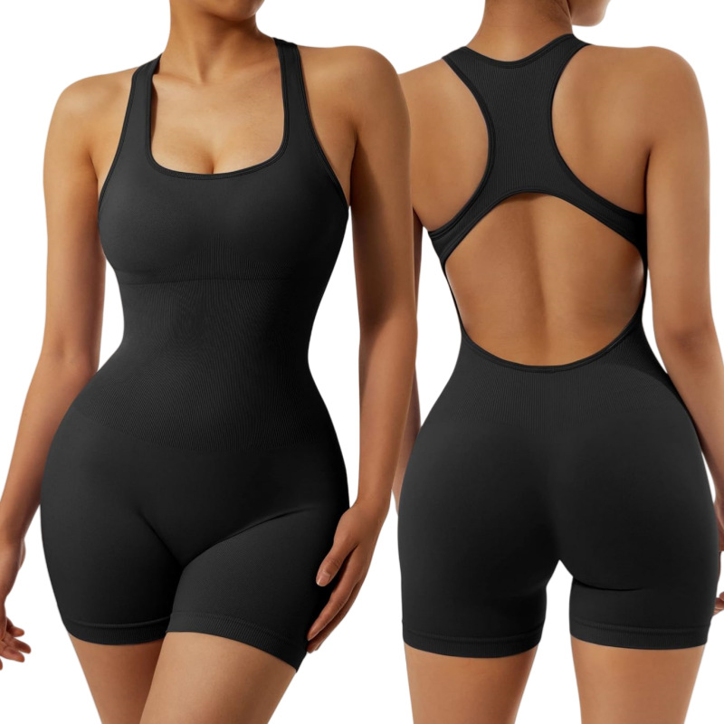 Cross-Border European and American One-Piece Yoga Suit with Seamless Back Cutout, Beautiful Back Design, Hip-Lifting Sports Training Bodysuit, High Elasticity, Hip-Lifting