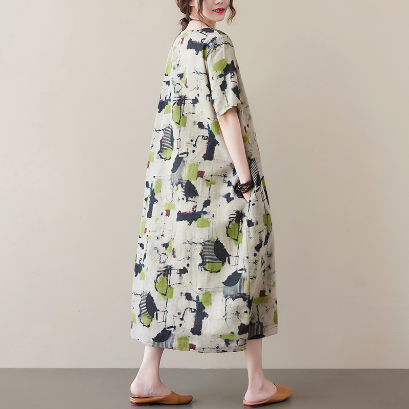 Picture of Summer New Fat mm Cotton and Linen Retro Printed Artistic Over-The-Knee Mid-Length Short-Sleeved Dress for Women with Elegant