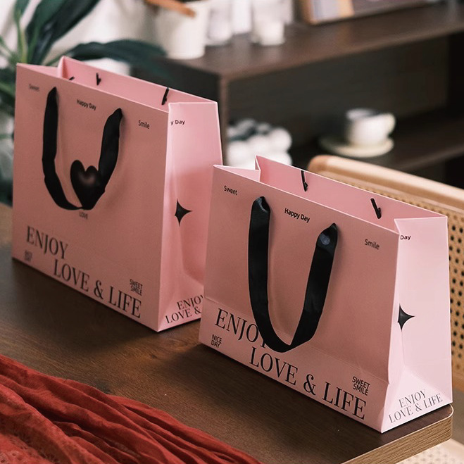 Pink Paper Bag Ready-Made Clothing Store Handbag Printable Logo Cosmetics Jewelry Jewelry Packaging Gift Paper Bag