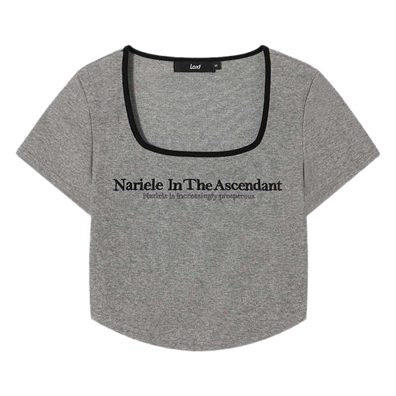 Summer Korean Style New Slim Square Neck Shoulder Short Sleeve T-Shirt Women's Printed Letter Short Top Pure Korean Style Bm