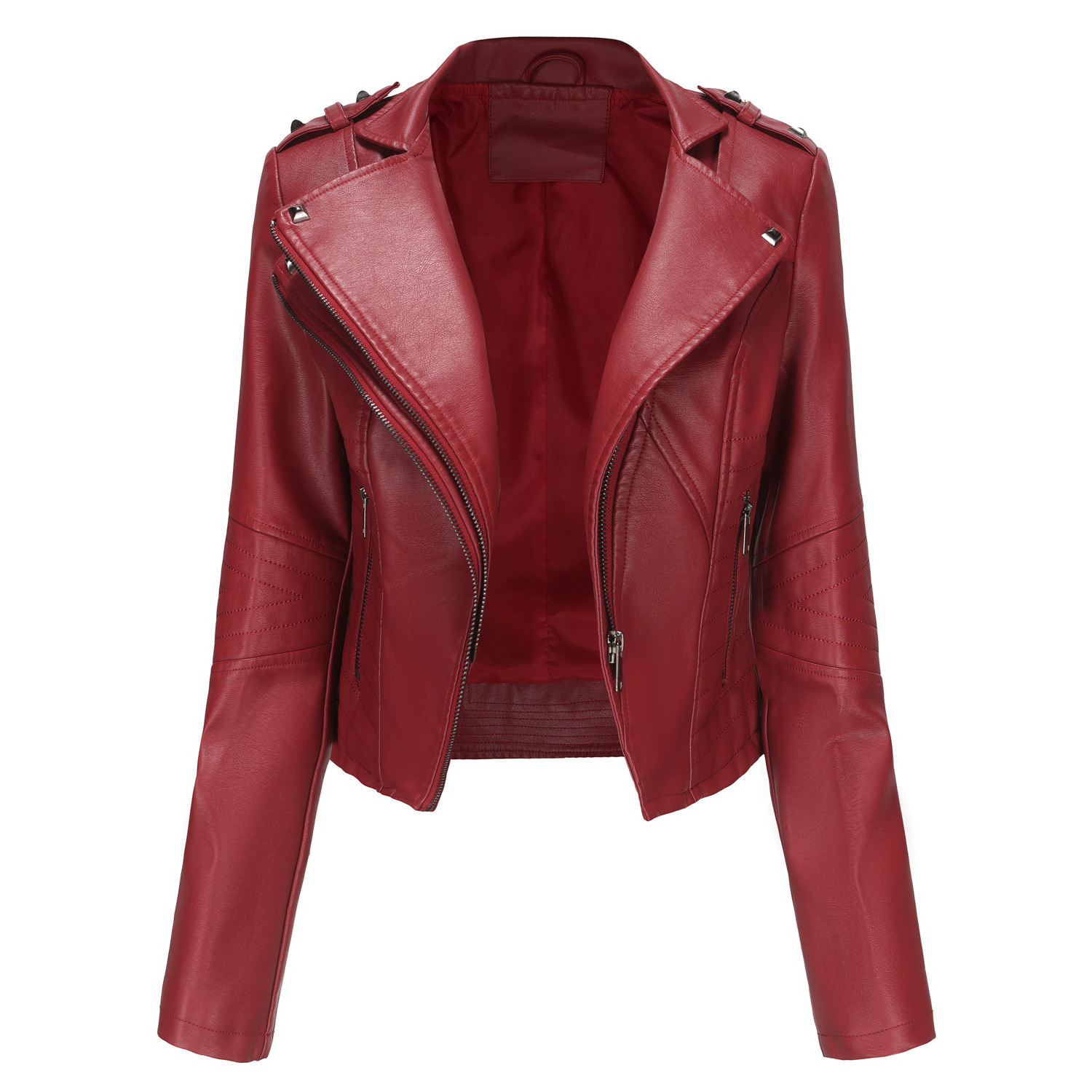 Picture of New Slim-Fitting Long-Sleeved Spring and Autumn Leather Jacket for Women with Rivets European and American Popular Short Small Coat Zipper Leather Jacket