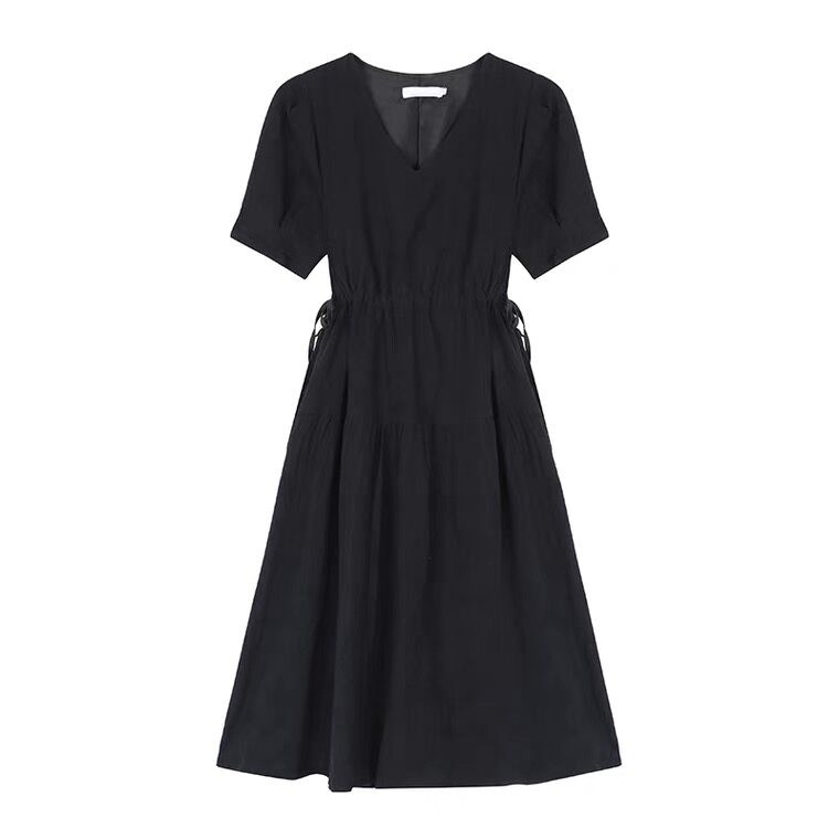 Picture of Women's Summer Solid Color Drawstring Niche Design Sense V-Neck Korean Style Gentle Style Temperament Advanced Sense Black dress