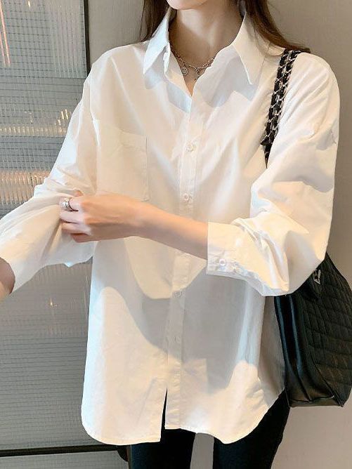 Picture of Polo Collar Long-sleeved White Shirt Women's Autumn New Korean Style Loose All-match Casual Elegant Cardigan Top for Outer Wear