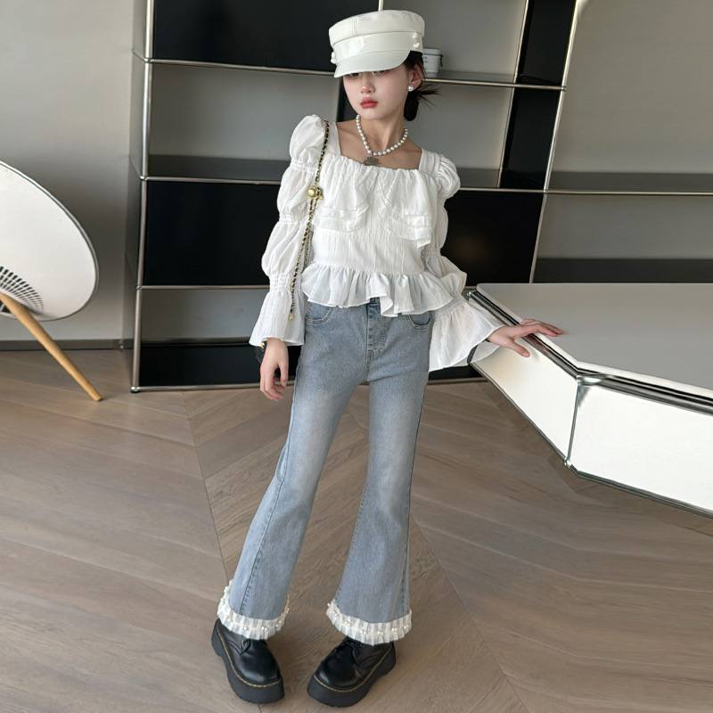Girls Bubble Sleeve Long Sleeve suit Autumn 2024 New Stylish Children's Spring and Autumn Fashionable Jeans Two-piece Set
