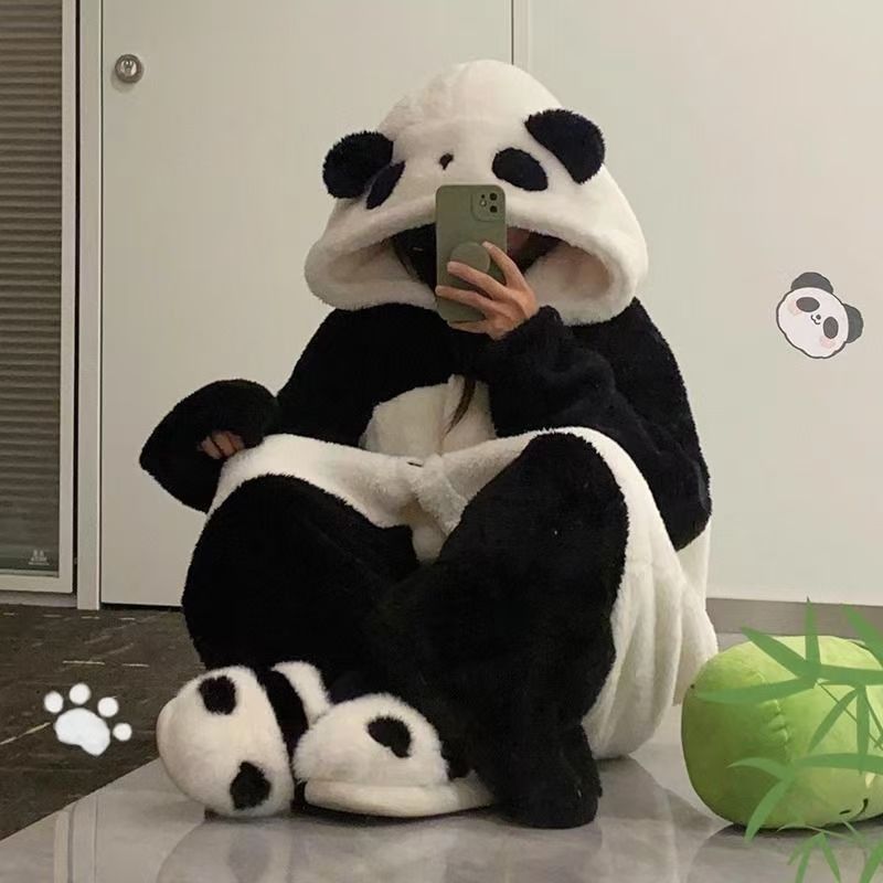 Panda Coral Velvet Thickeneded Velvet Pajamas Autumn Cute Hooded Nightgown Long Cartoon Couple Home Clothes Can Be Worn Outside