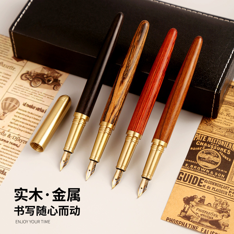 Picture of Manufacturer Wholesale Brass Sandalwood Business Ink Bag Pen Set Students Can Use Creative Gift Signature Pen with Engraved Logo