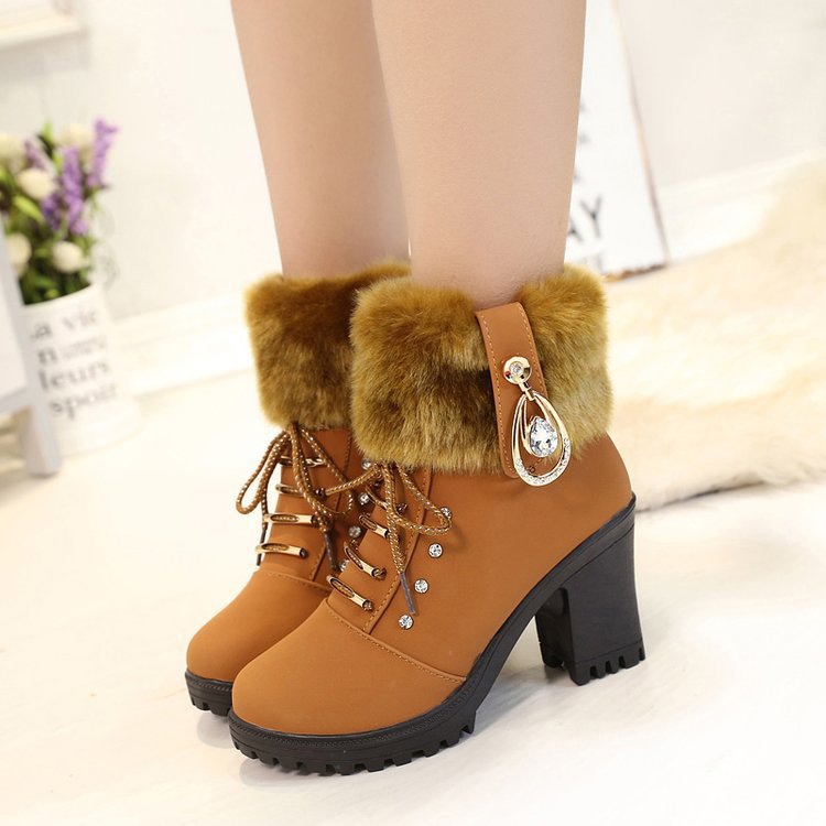 2013winter new rhinestone high heel chunky heel furry short boots fleece-lined Martin boots women's plus size women's shoes