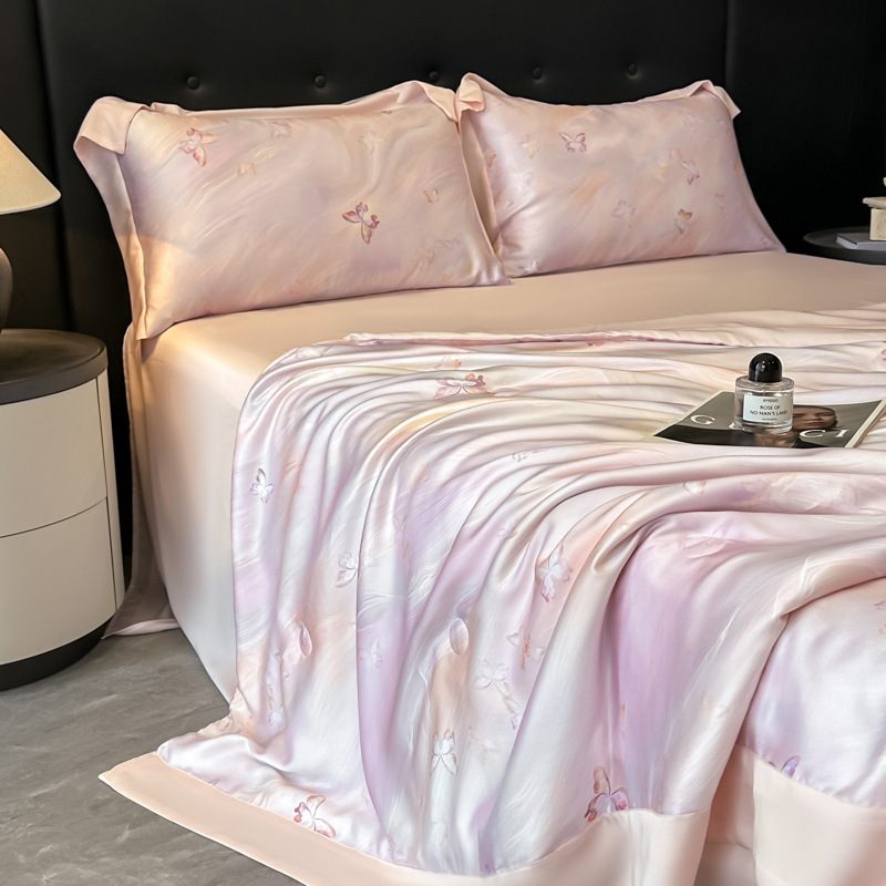 Picture of Super Cool Lenzing Tencel Summer Cool Quilt Four-Piece Set A-Type Pink Floral Ice Silk Air-Conditioned Quilt Thin Quilt Machine Washable 4