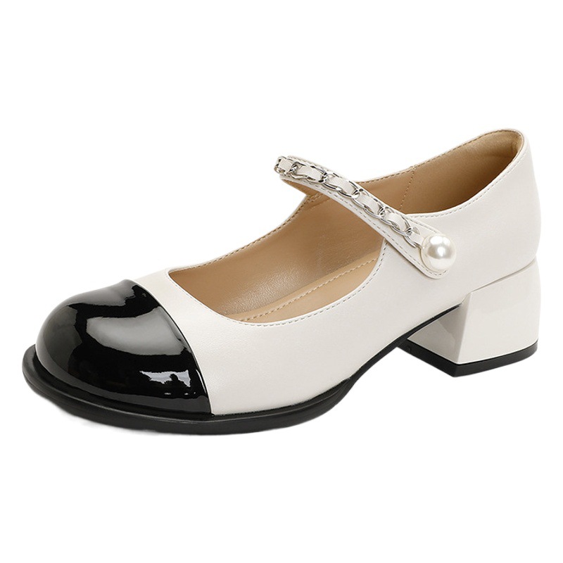 Teahoo Homemade Black and White Color Matching Mary Jane Women's Shoes 2024 New High Heels Retro Thick Heel Flats for Women