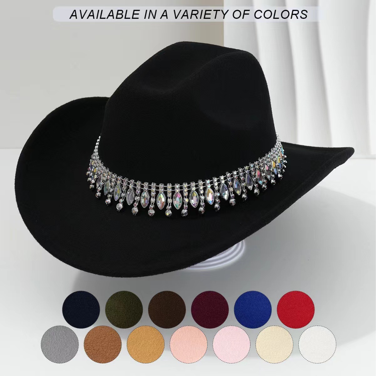 Rhinestone Accessories Top Hat Men's High-End Felt Western Cowboy Hat Large Brim Hat Women's Summer Jazz Hat
