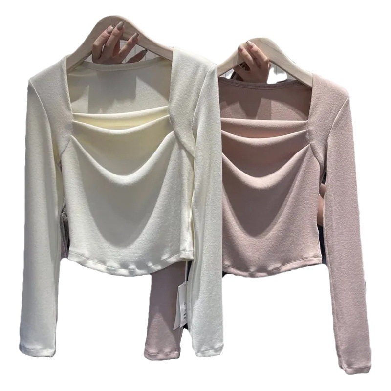 Super soft waxy double-sided velvet bottoming shirt autumn and winter new design sense square collar leak clavicle slim slim sanding top