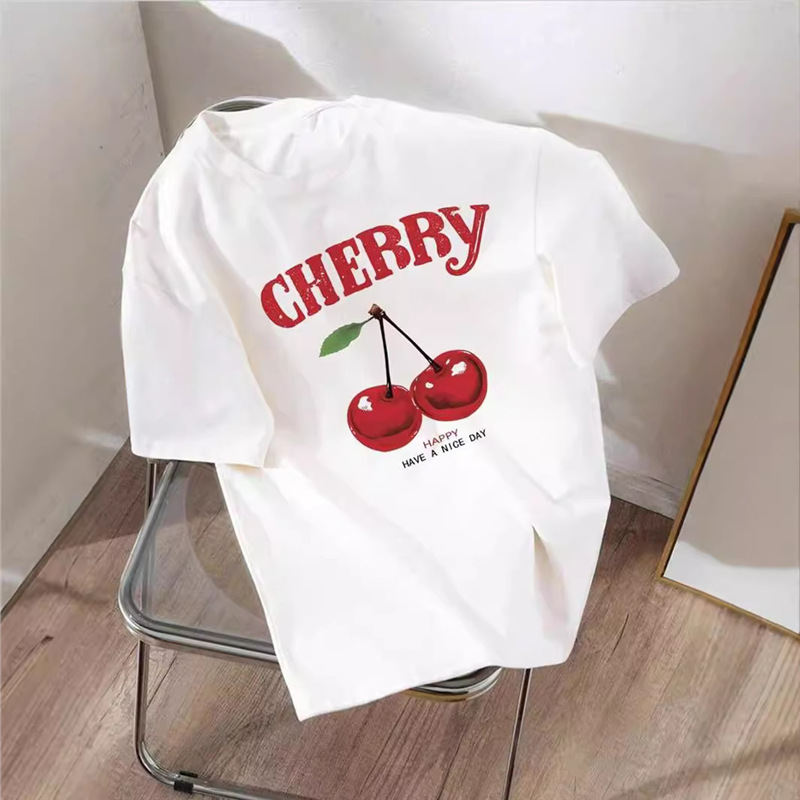 Cross-Border Cherry Short-Sleeved Printed Sexy Amazon European and American Niche Round Neck Pullover Top 2024 Shein