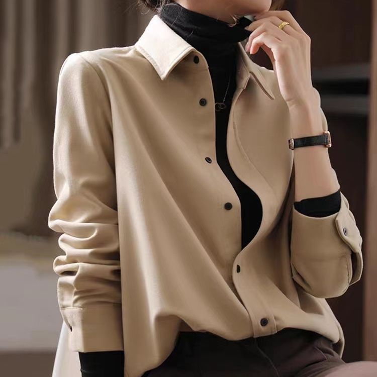 Vintage Hong Kong Style Sanding Thickened Stacked Shirt Women's Fashion Commuting Loose Slimming Long Sleeve Outer Shirt
