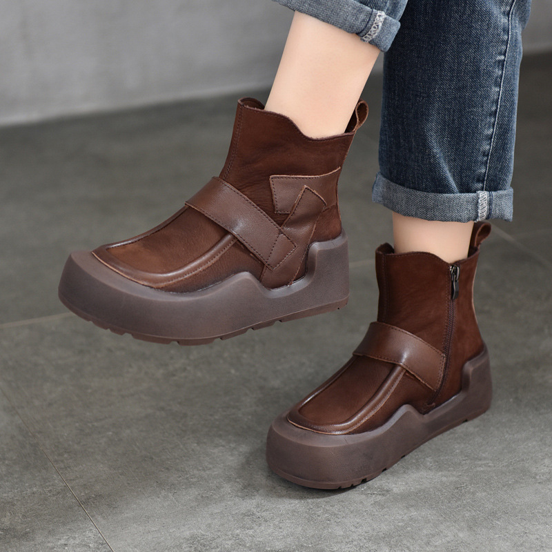 Niche Design Retro Casual Genuine Leather Women's Shoes Flats Short Boots Women's Cowhide Single Boots