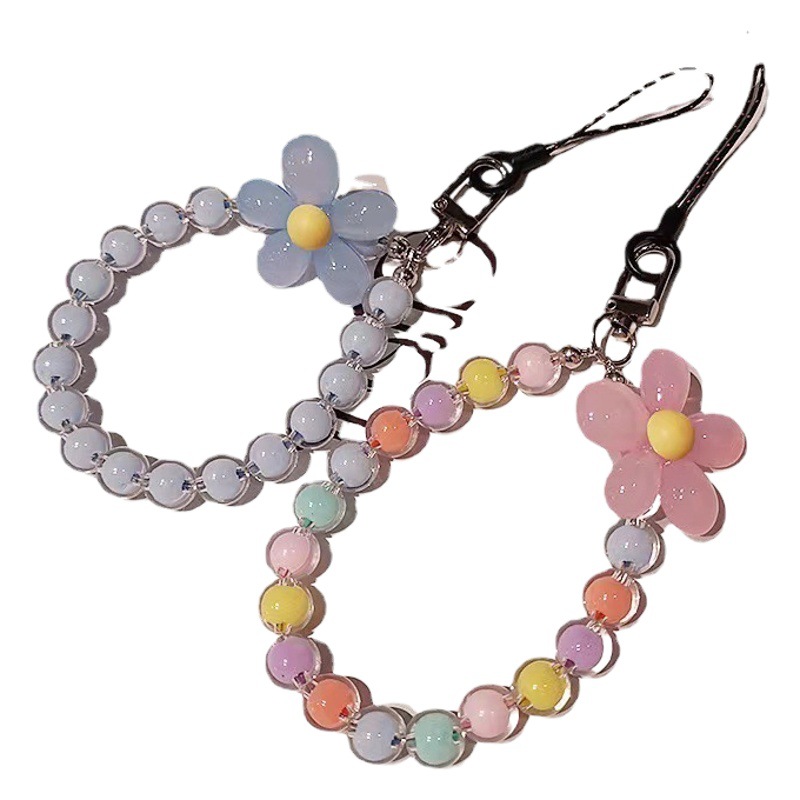 Macaron Color Color Beaded Beaded Mobile Phone Lanyard Japanese and Korean ins Style Handmade Beaded Flower Mobile Phone Chain Wrist Lanyard