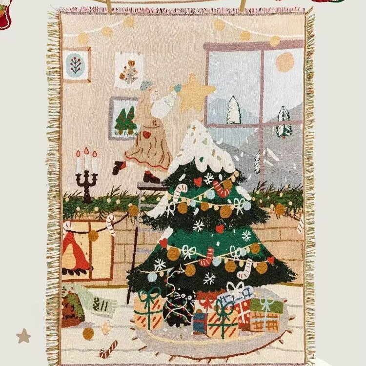 American Retro Christmas Cartoon Multifunctional Coarse Cotton Gold Thread Arrangement Decorative Leisure Blanket Textile Thread Blanket Sofa Blanket
