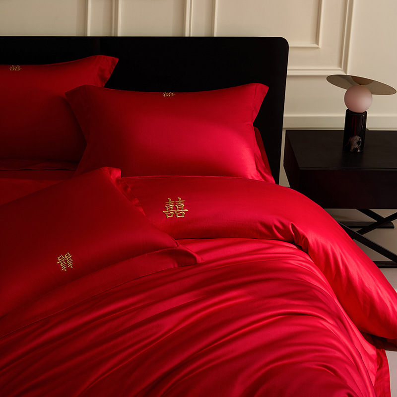 Light luxury high-end red 100S cotton four-piece wedding bedding wedding simple high-end wedding
