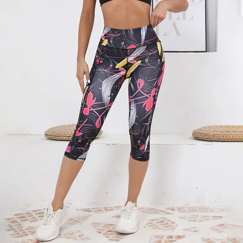 European and American Hot-Selling Women's High-Waisted Cropped Pants, Tummy Control - Bright Abstract Print