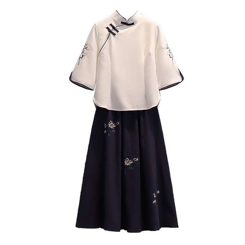 Picture of Improved Zen Tea Suit Top Embroidered with Cheongsam Style Chinese Style Three-Quarter Sleeves Bestie Outfit Stand Collar Plate Button Tang Suit Spring and Summer Zen Rhyme