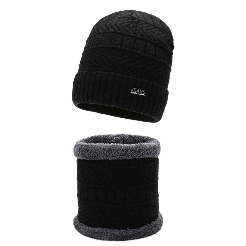 Knitted Hat Men's Autumn and Winter Velvet Warm Woolen Hat Cold-Proof Neck Scarf Two-Piece Hat Amazon Pullover Hat