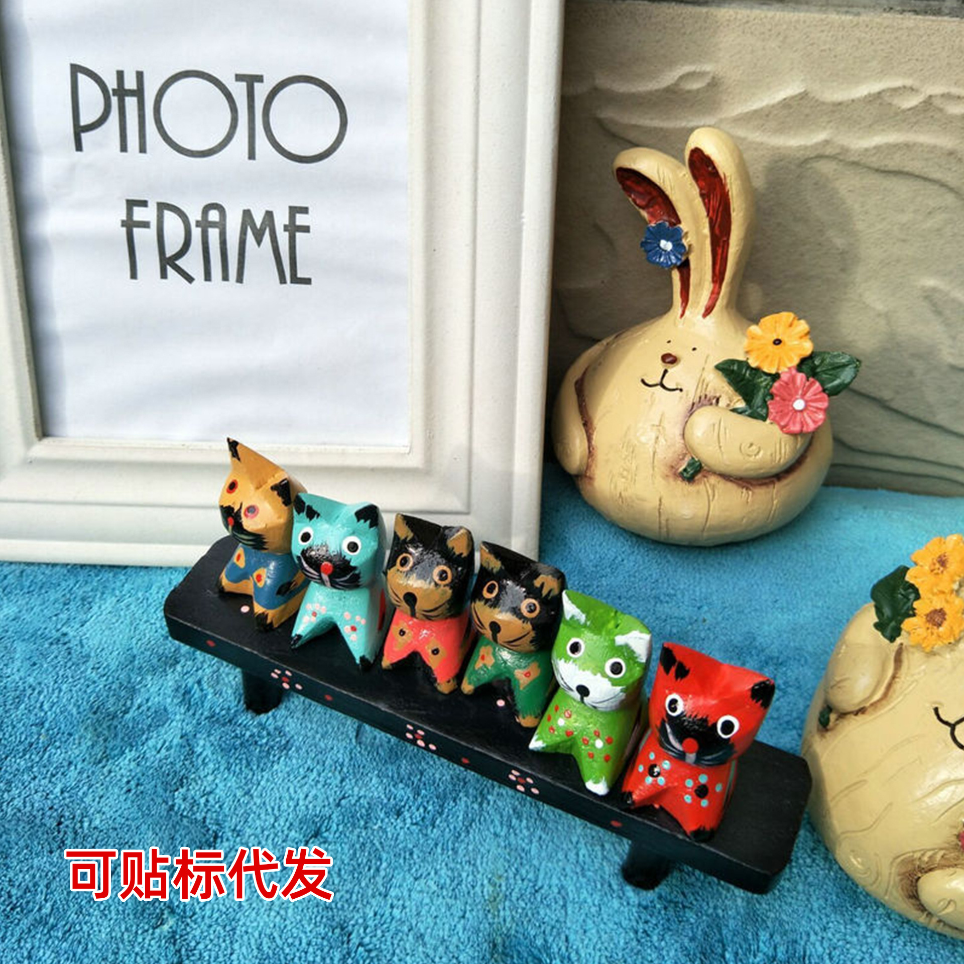 Picture of European Grocery Home Decoration Wooden Home Decoration Log Hand-painted Wood Carving Combination Set Six Kittens Birthday Gift