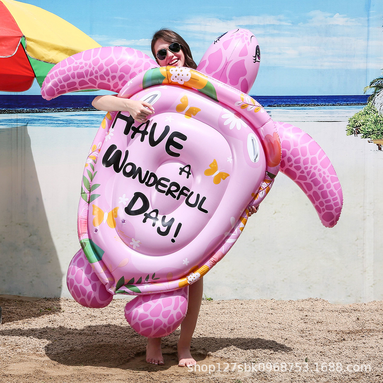Internet Celebrant Water Playing Equipment Swimming Ring Pink Turtle Inflatable Water Drifting Surfing Floating Row Water Playing Toy Folding