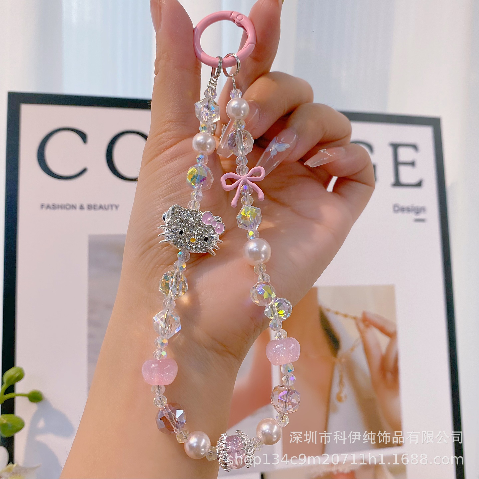 Picture of Sweet Diamond-encrusted Cat Bow Mobile Phone Chain Ins Style Crystal Pearl Beaded Bag Keychain Mobile Phone Lanyard