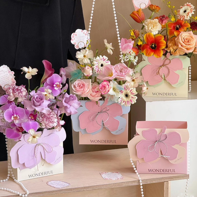 Teacher's Day Portable Flower Box DIY Flower Arrangement Basket Paper Flower Packaging Box Floral Package Flower Material Flower Tote Bag