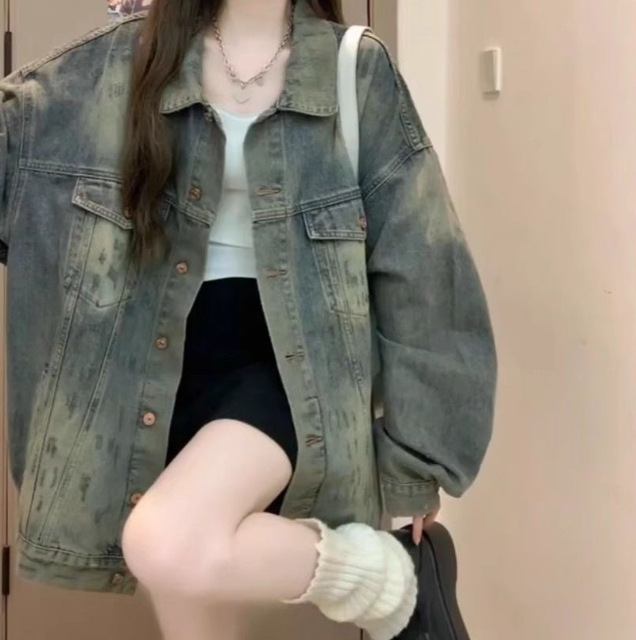 American washed autumn denim jacket for women, vintage 2025 design new loose jacket top, casual fashion