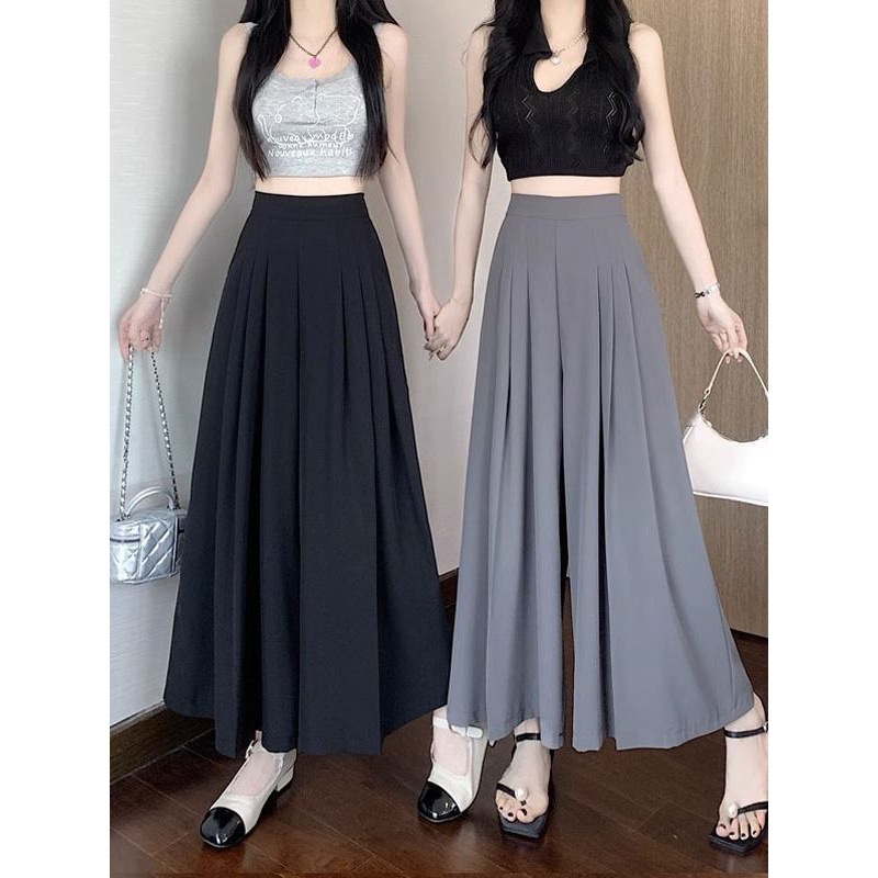 Autumn and Winter pleated pants skirt women's summer thin 2023 new high waist draping casual cropped ice silk wide-leg pants slimming trendy