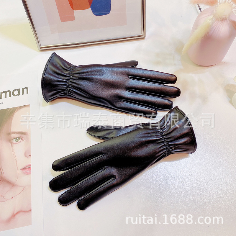 Picture of Leather gloves for women and men winter cycling driving fleece-lined thickened thin waterproof windproof touch screen winter riding motorcycle