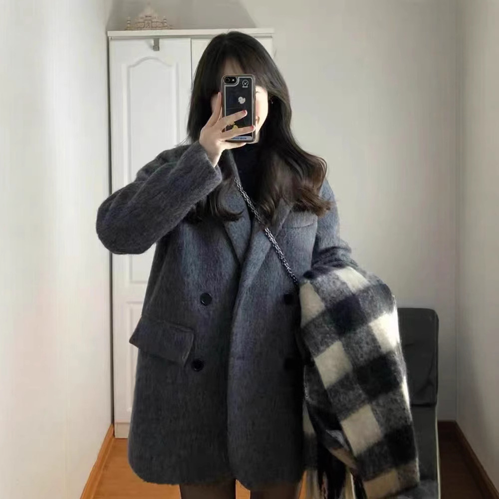 Gray Woolen Outwear for Women 2025 Spring & Fall New Style Thickeneded Loose Feeling Small Suit Woolen Outwear for Women