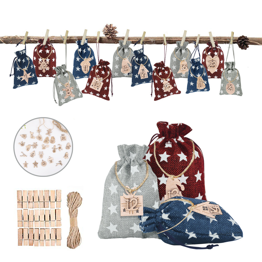 New Christmas Drawstring Bag Imitation Linen Wooden Sign Christmas Countdown Advent Calendar Gift Bag Ready for Sale