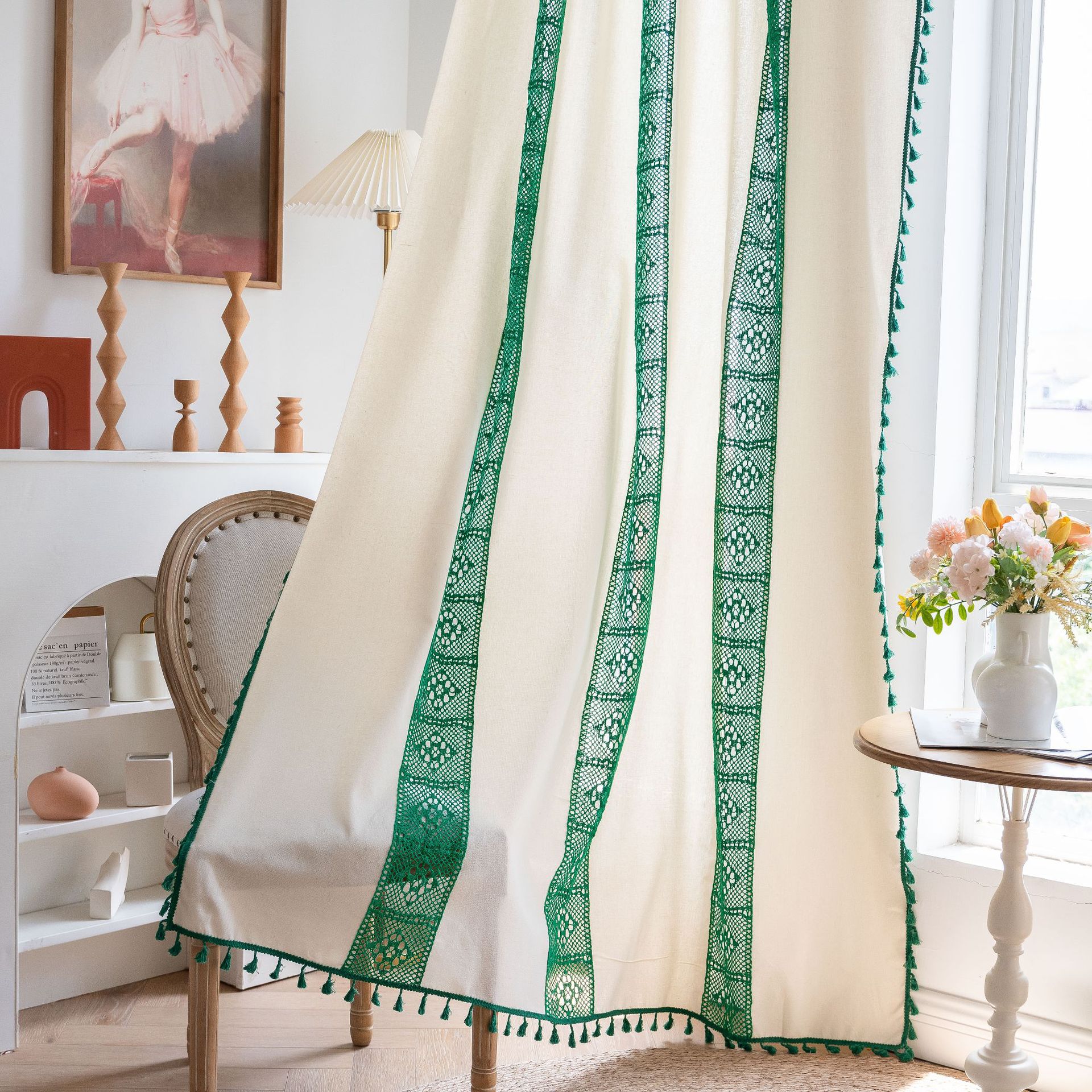 Cross-border Finished Curtain Stitching North American New Cute Green Contrast Crochet Hollow Cotton Hanging Short Curtain Plaid