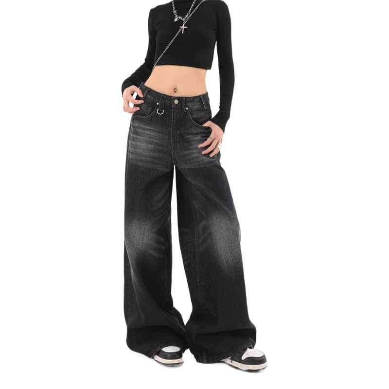Retro washed distressed black wide-leg jeans women's autumn new high waist loose straight mop long pants fashion