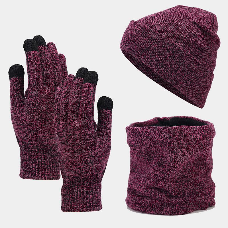 Cross-border hot winter Amazon European and American wool cap plus velvet warm knitted hat scarf gloves three-piece set