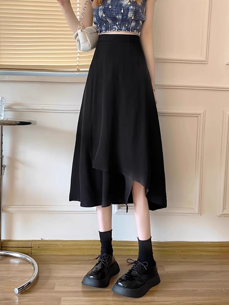 Black Irregular Skirt Women's Spring High Waist A- Line Mid-Length Skirt Hepburn 2024 New Umbrella Skirt Bag Skirt
