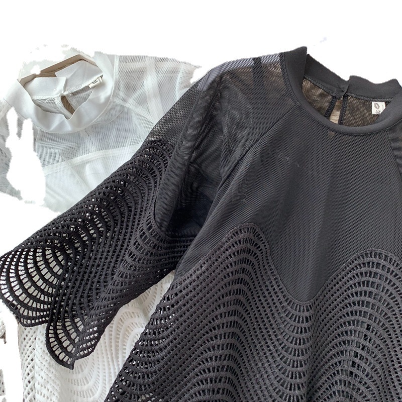 Picture of Cross-border 2022 Korean Style New Season Hollow Lace Shirt Western Style Small Shirt Women's Wave Loose Horn Sleeve Short Top